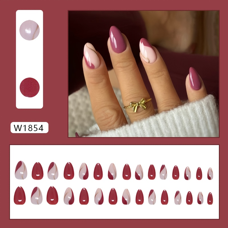 TEMU Elegant European And With Purple, Red, And Golden Lines, Featuring Detachable Nail Art