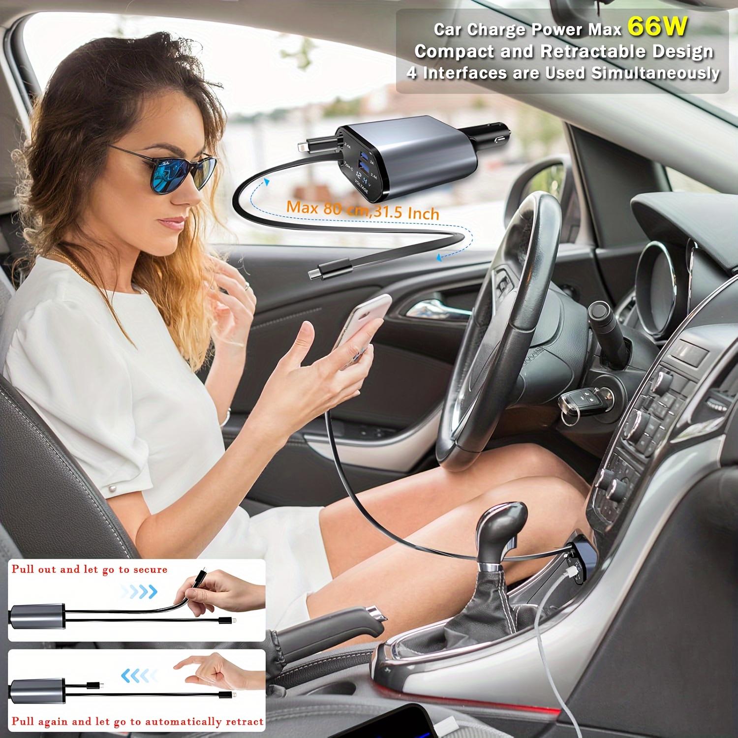 4 in 1 fast charging car charger with digital voltage display 66w retractable lightning and type c charging cables dual output ports for usb and type c compatible with iphone 15 14 max xr x and samsung details 5