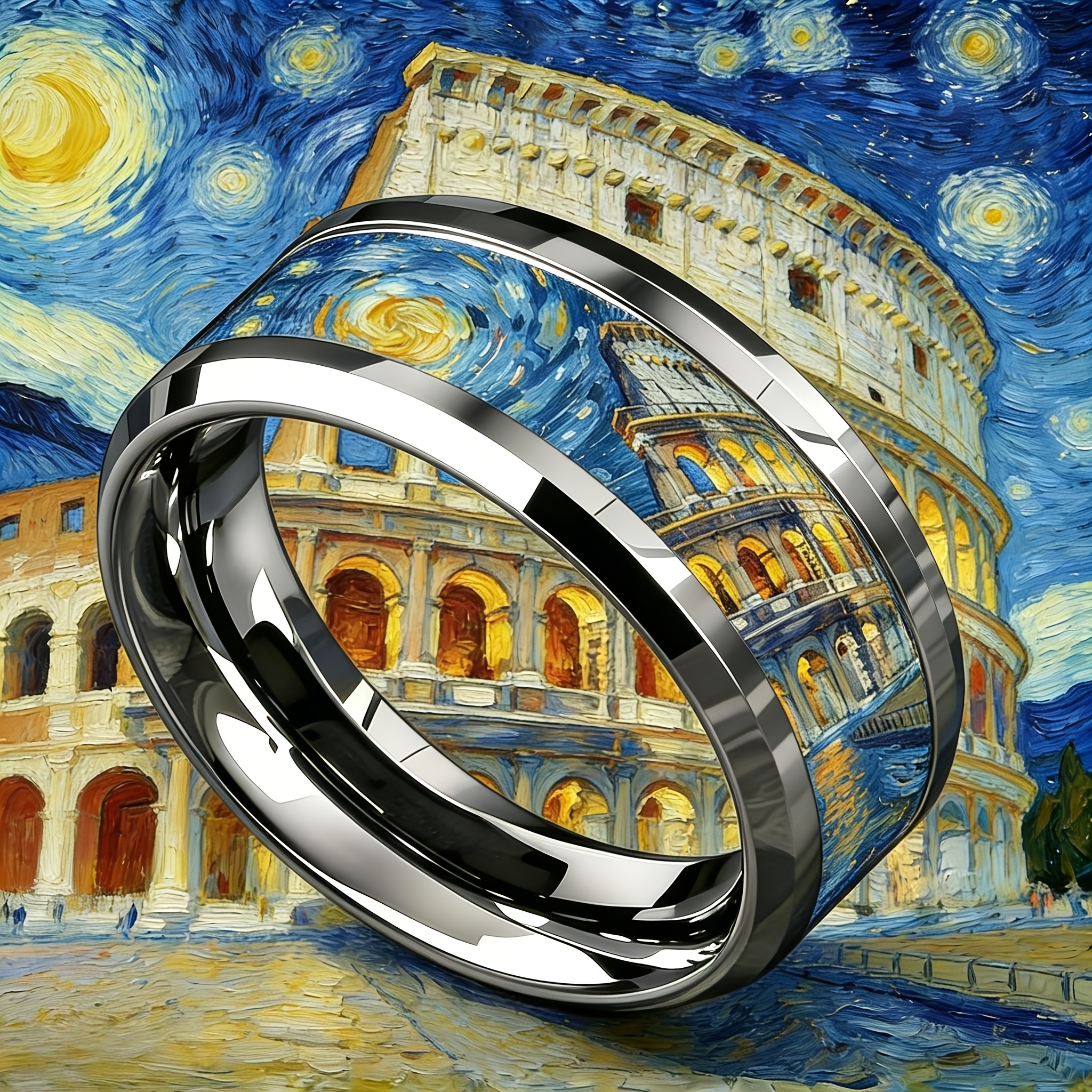 Van Gogh's Starry Night Colosseum Print 316 Stainless Steel Ring