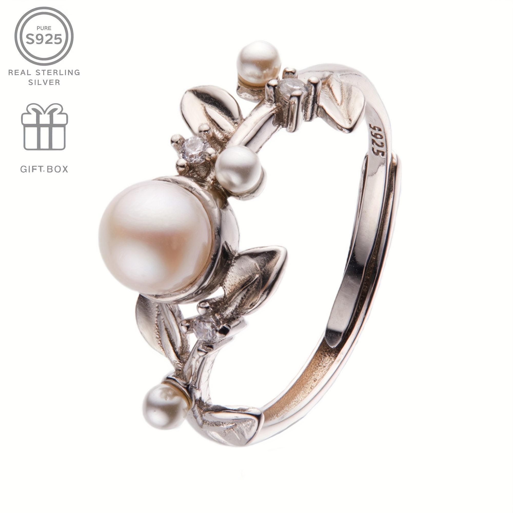 Adjustable S925 Silver Ring with Freshwater Pearl & Grape Leaf