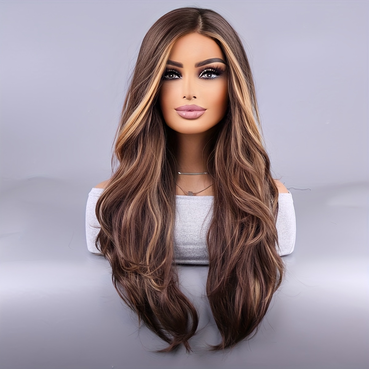 

Long Brown Wig Mixed With Brown Blonde Accent Wig For Women Long Curly Wavy Synthetic Wig For Everyday Party Use