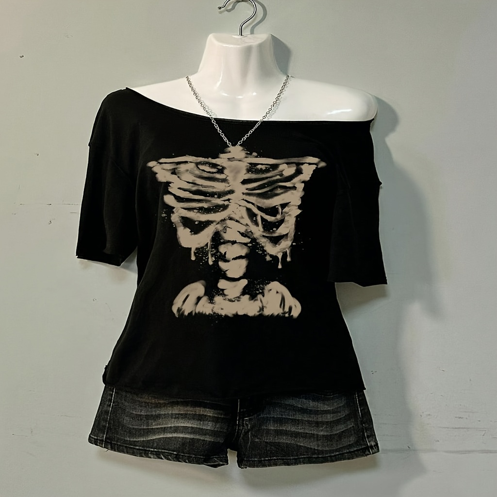 Women's Round Neck Short Sleeves Skeleton Graphic T-Shirt and Denim Shorts Set