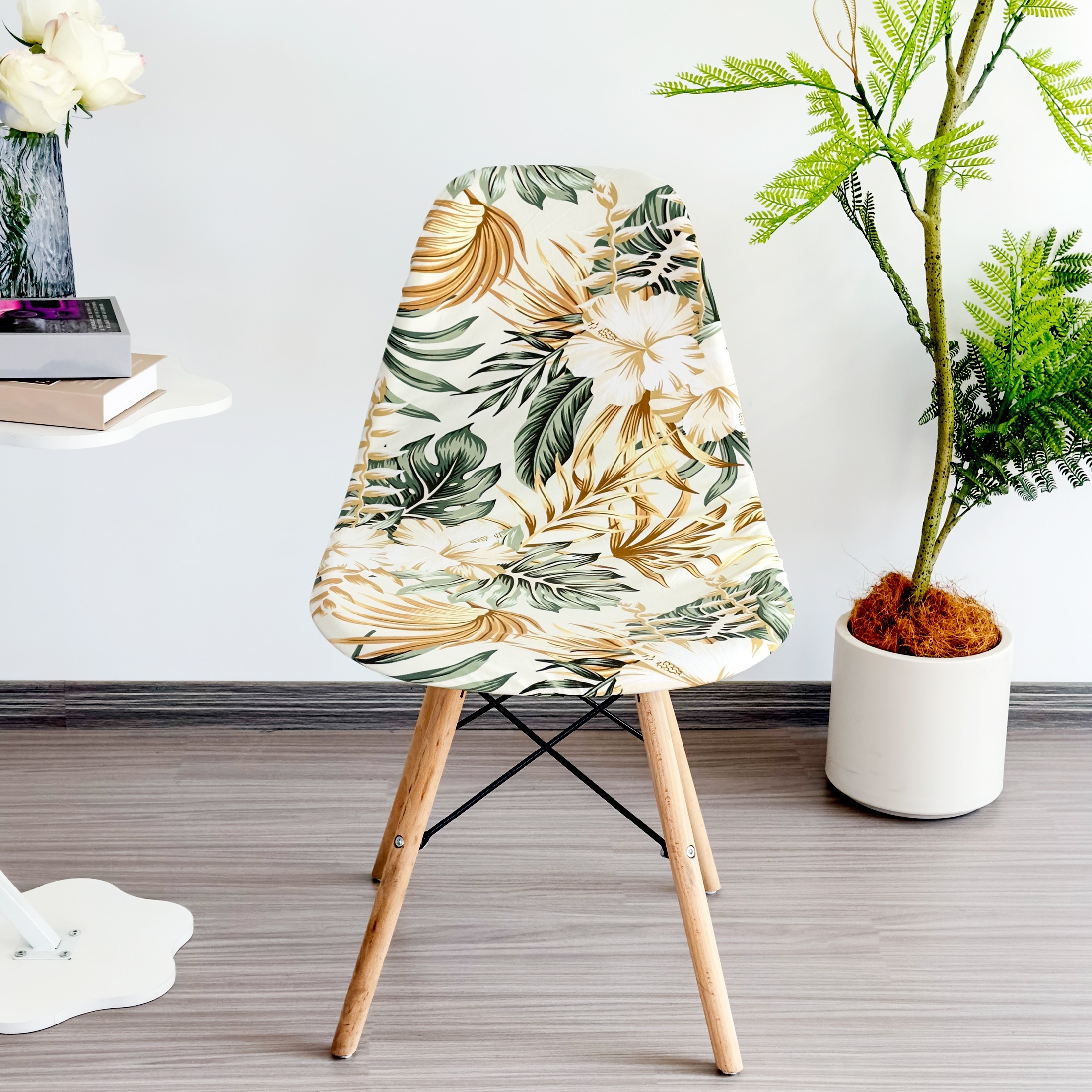 Image of A Modern Tropical Plant Printed Removable And Washable Chair Cover Suitable For , Made Of With Elastic Shell-shaped Design (140gsm)