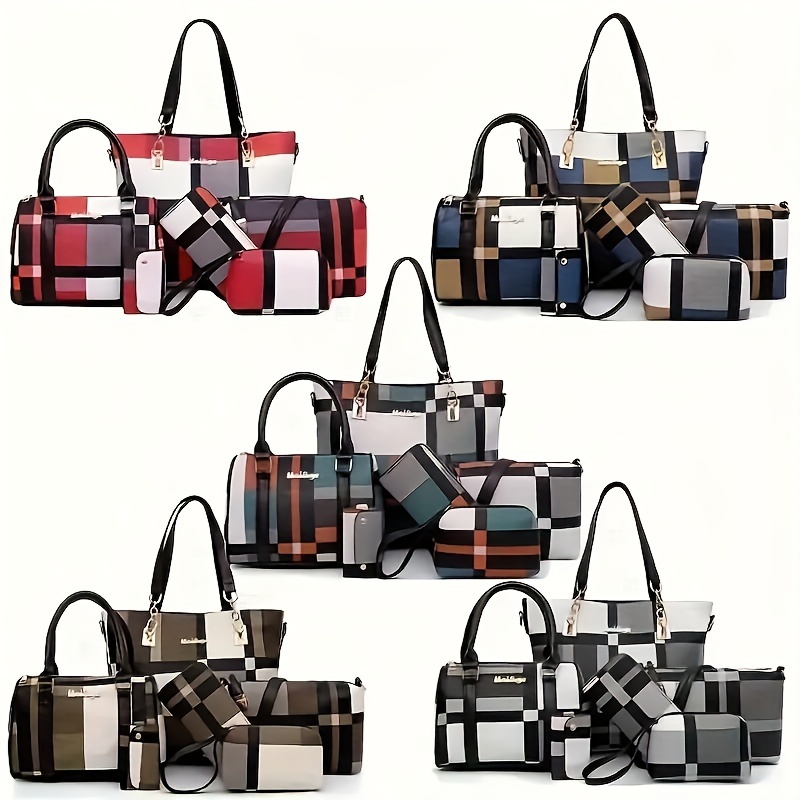 

6pcs/set Large Capacity Checkered Pattern Shoulder Bag With Simple Handbag, Crossbody Bag, Clutch Bag, Long & Short Wallet