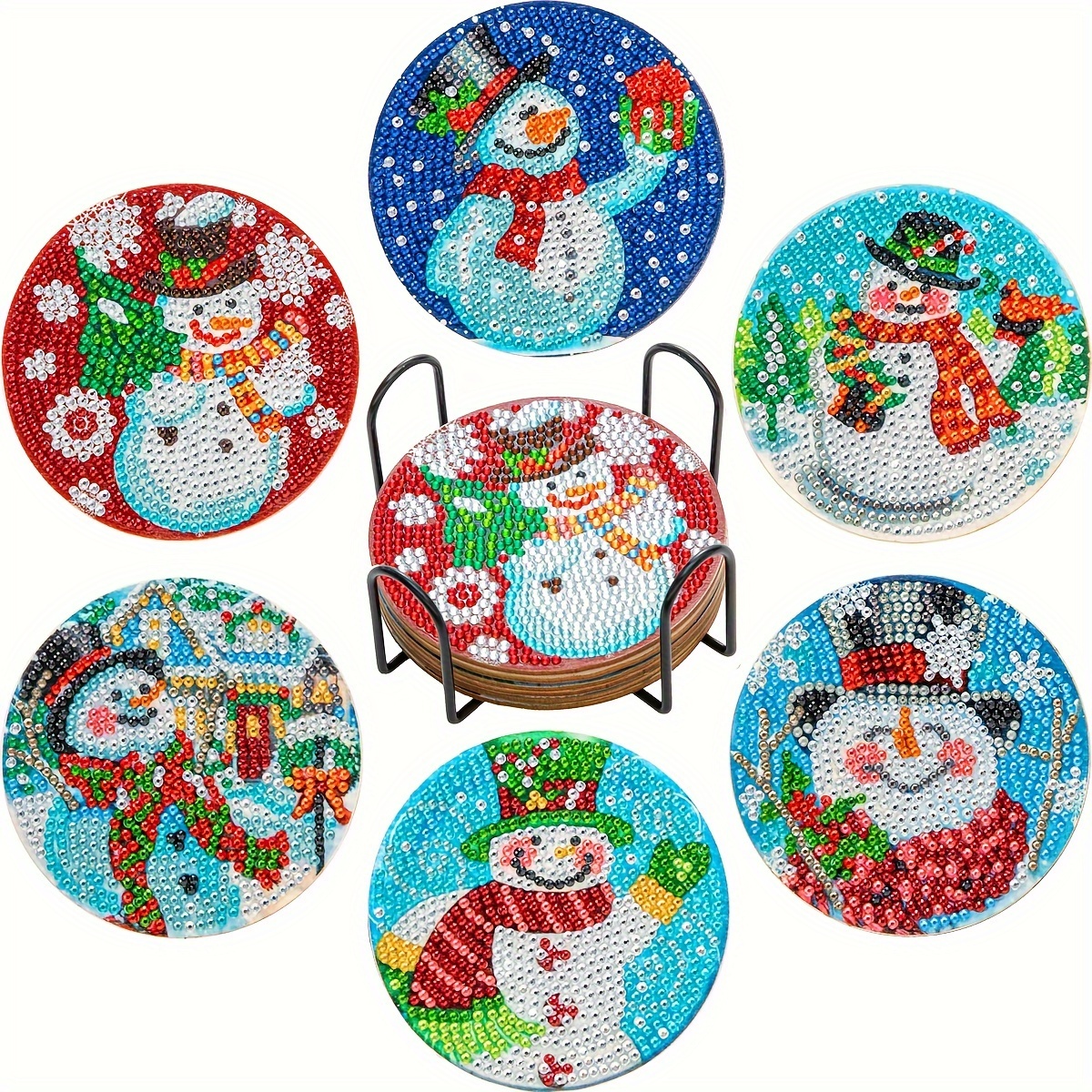 

6-piece Snowman Diamond Art Coaster Set With Holder - Diy Round Diamond Painting Craft Kit For Beginners, Wooden Craft Supplies