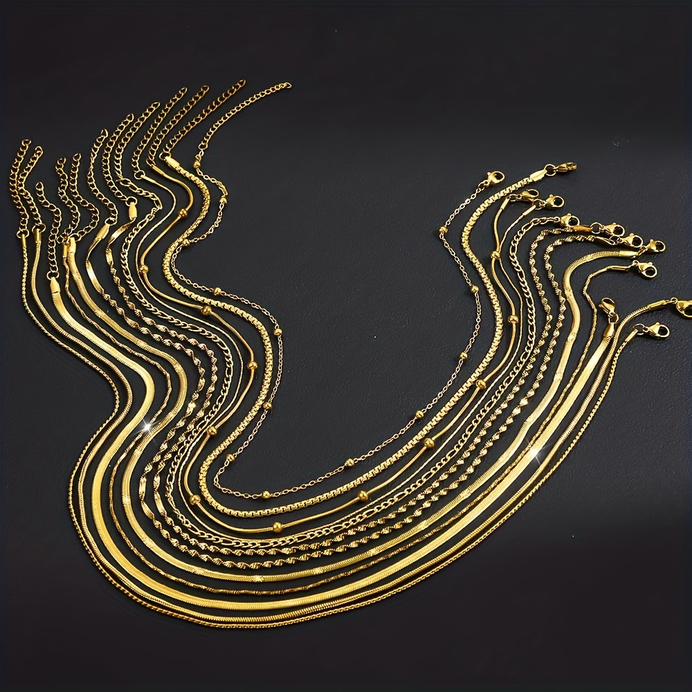 E-shop 12-teiliges 18K vergoldetes Edelstahl Halsketten-Set mit Mehrfachketten - 12 Halsketten (Rund, Schlangen, Gehämmert, Gedreht) - Elegantes &