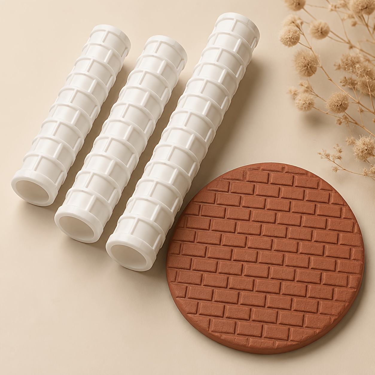 TEMU 3pcs Set Of Brick Texture Rollers - Plastic Clay Rollers With Brick Stamp Pattern, Suitable For Soft Clay, Pottery Making, Clay Plates, Mosaics,