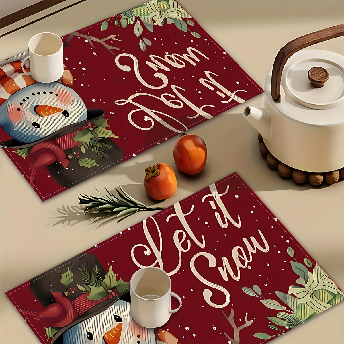 

4/6- Placemats, Christmas Snowman For A Table Decoration, Christmas Decor , Rectangular Polyester , 12..5 .