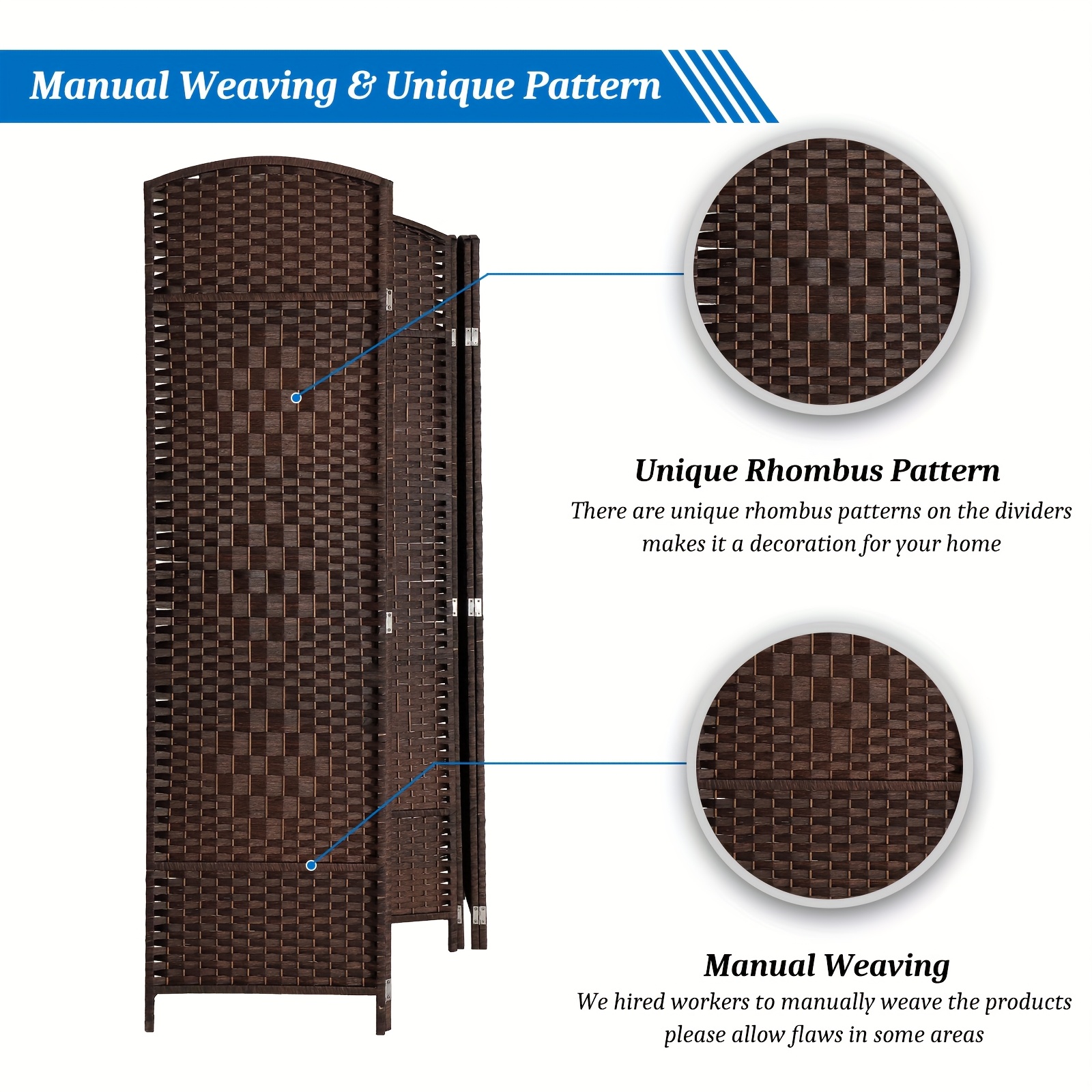[Folding Rattan Room Divider] 6-Panel Folding Rattan Room Divider, 70.87'' H Folding Space Separator Partition Wall Dividers, Freestanding Hinged Privacy Screen