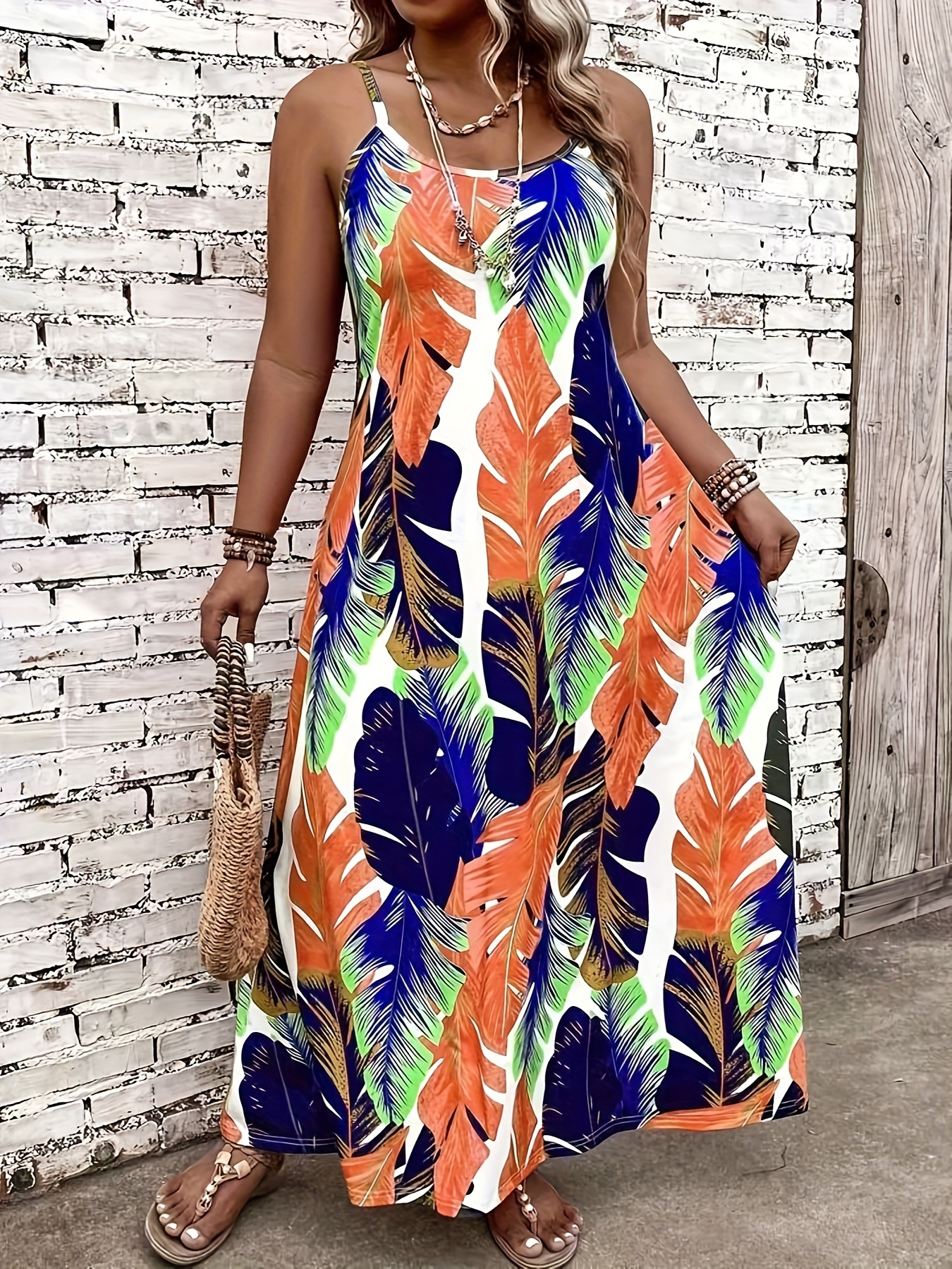 Women'S Plus Size Casual Slip Dress, 100% Polyester Knit Fabric Plant  Print Midi Sundress with Stretch, 125g/m² Lightweight Home We