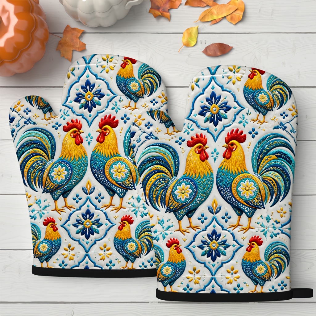 TEMU 2pcs Set Of Retro Rooster Pattern Oven Mitts, Premium Goods, Suitable For Kitchen, Baking, Home Use, , Delicate Texture, Easy And Durable, Gift,