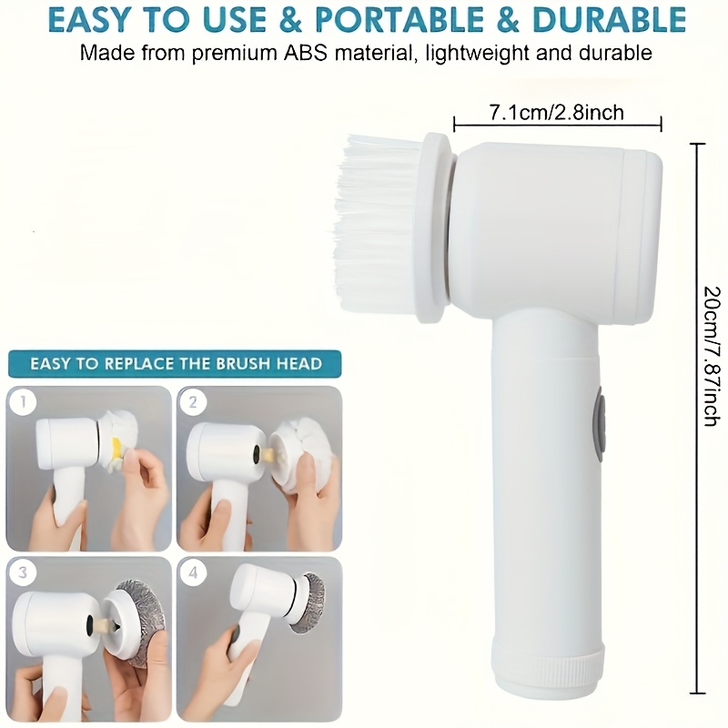 electric rotary scrubber rechargeable multi purpose brush with 5 replaceable brush heads for tiles car glass abs plastic handle portable usb rechargeable 500mah lithium battery kitchen cleaning tools bathroom cleaning supplies Product details 2