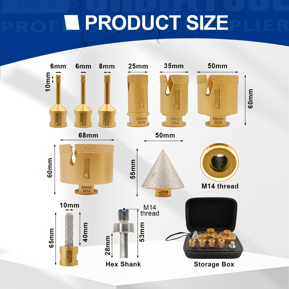 Tile Kit - 10pcs Diamond Core Drill Bits 6/6/8/25/35/50/68mm Bits M14 Thread And 50mm Beveling Chamfer Bit And 10mm Finger Milling Bit And Hex To M14 Thread For Porcelain Ceramic Granite Marble