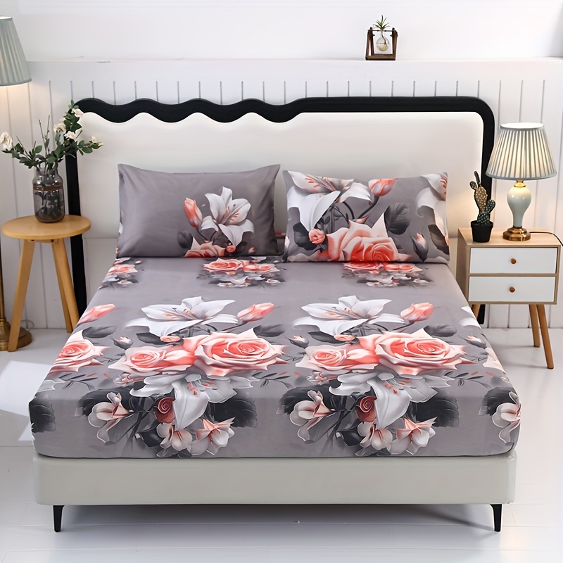 3pcs Polyester Printed Skin-friendly Fitted Sheet Set, Includes 1 Fitted Sheet And 2 Pillowcases, Suitable For Bedroom And