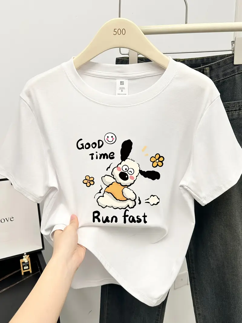 womens 2025 new korean style shoulder t shirt cute cartoon dog floral graphic print light grey round neck short sleeve top for spring summer casual wear spring fashion design machine washable Product details 1