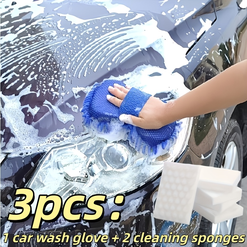 TEMU 3pcs Set Of Upgraded Thickened Microfiber Car Cleaning Sponges (1pc Car Wash Glove And 2pcs Cleaning Sponges) - Scratch-free - Suitable For