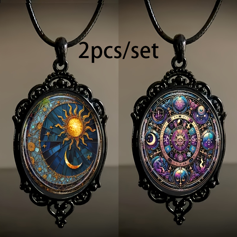

2pcs/set Fashion Elegant Sun And Moon And Constellation Pattern Black Frame Glass Necklace Romantic Gift Jewelry