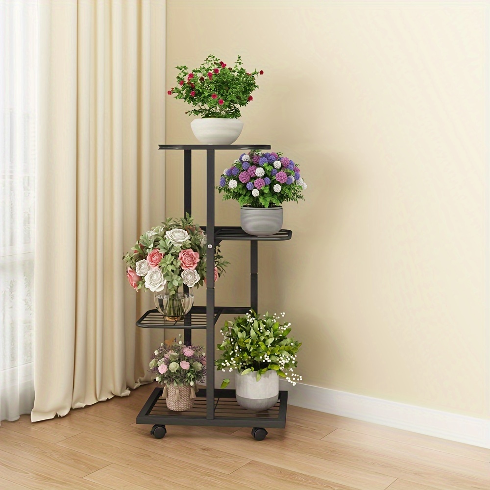4-layer Metal Flowerpot Rack, Movable Pulley Storage Rack, Plant Rack, Living Room Balcony Corner Storage Decorative Rack