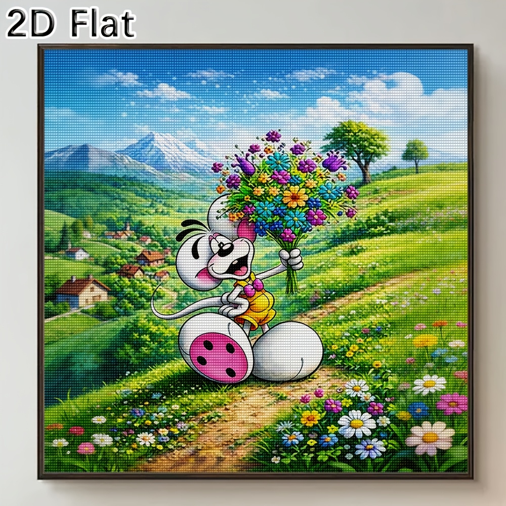 TEMU 1pc Diy Diamond Painting Set Suitable For Home Wall Decor - 1pc Round Diamond With Printed Cute Cartoon Landscape, Pre-printed Tabletop Suitable