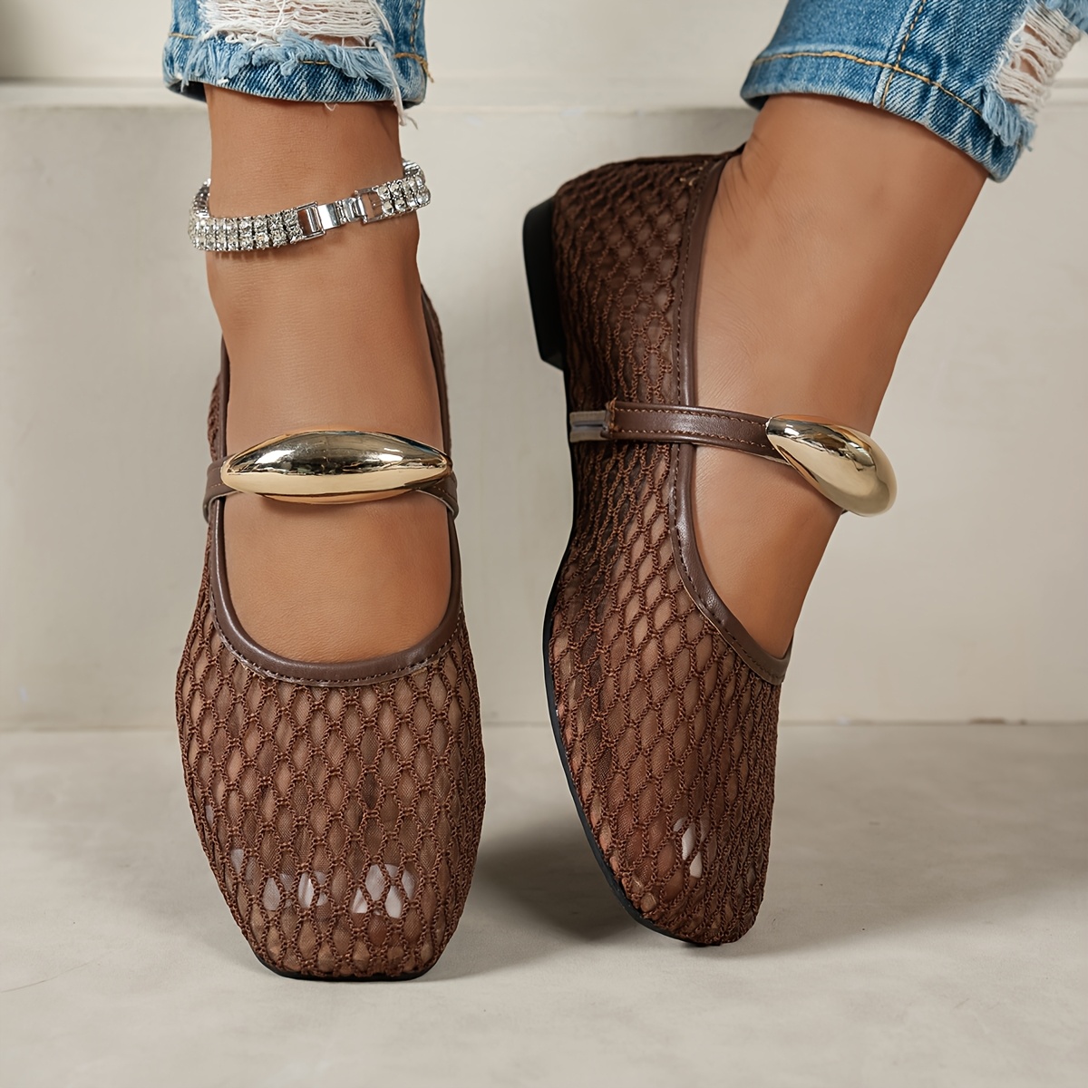 TEMU Chaussures élégantes pour femmes avec boucle en métal - Surface en tissu décontracté, chaussures plates , adaptées aux décontractés, au shopping