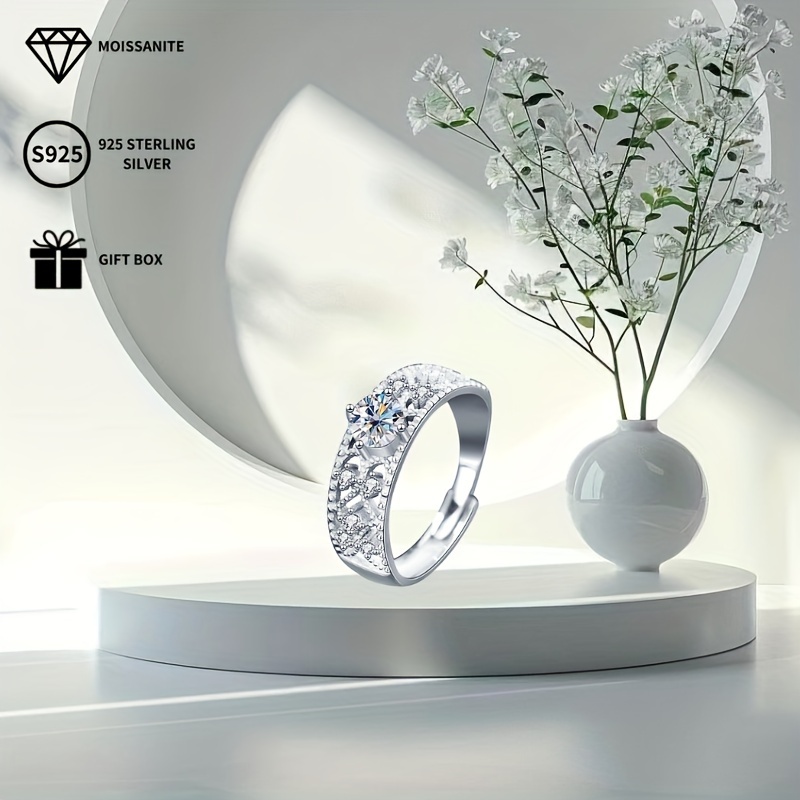 S925 Silver Moissanite Open Ring 0.5ct Solitaire with Accents