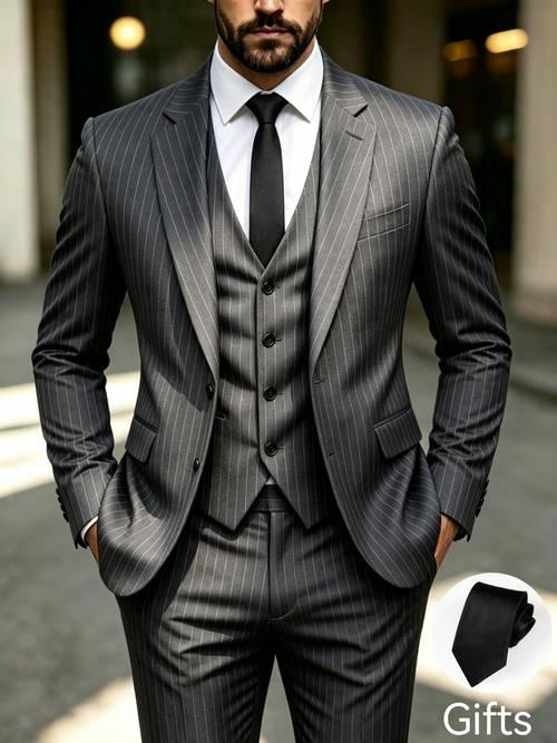mens fit striped suit set collared formal suit including a tie suitable for weddings balls and business occasions