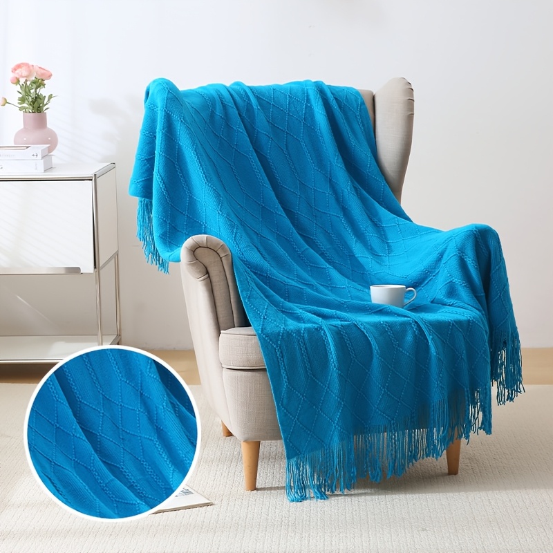 

1pc Cozy Diamond Knit Tassel Blanket - Soft Acrylic Throw For Sofa, Bed, Or Car, 50x66.93in, Blue, Warm & Decor, Versatile Cover | Fringed Throw | Acrylic Knit Blanket