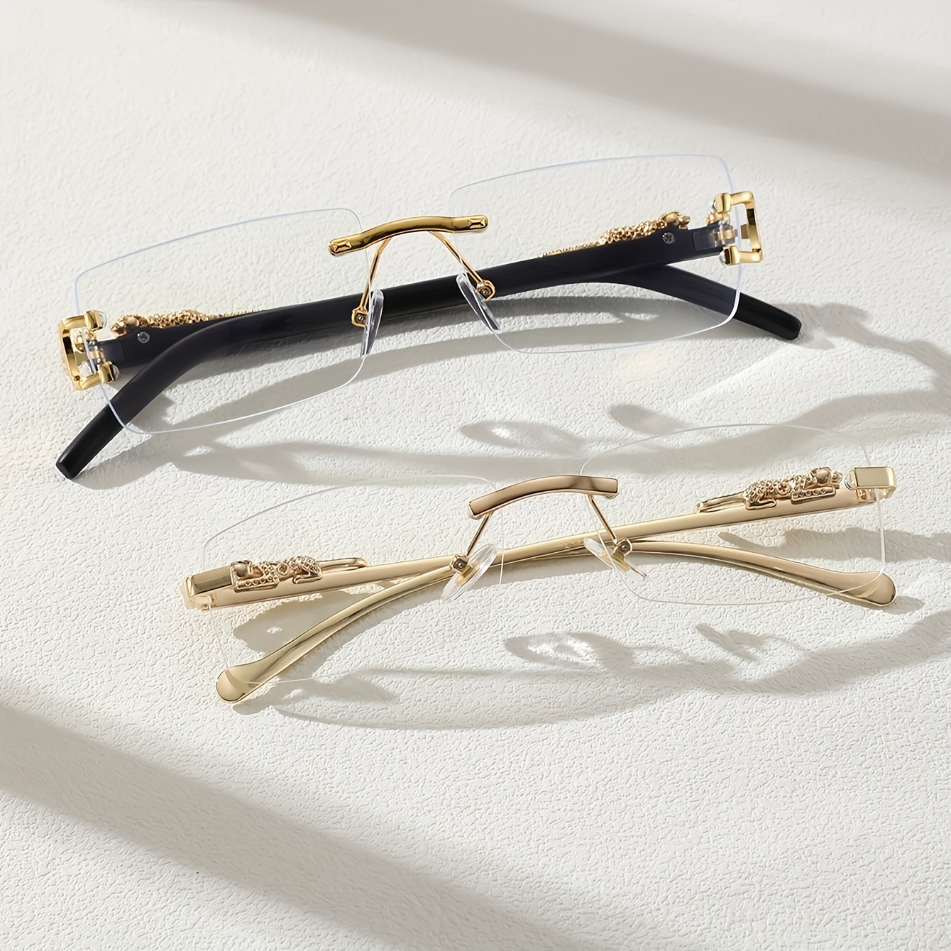 2pcs Men's Rectangular Frameless Classic Retro Fashion Flat Light Glasses, Leopard Print Temple Decorations, Daily Wear
