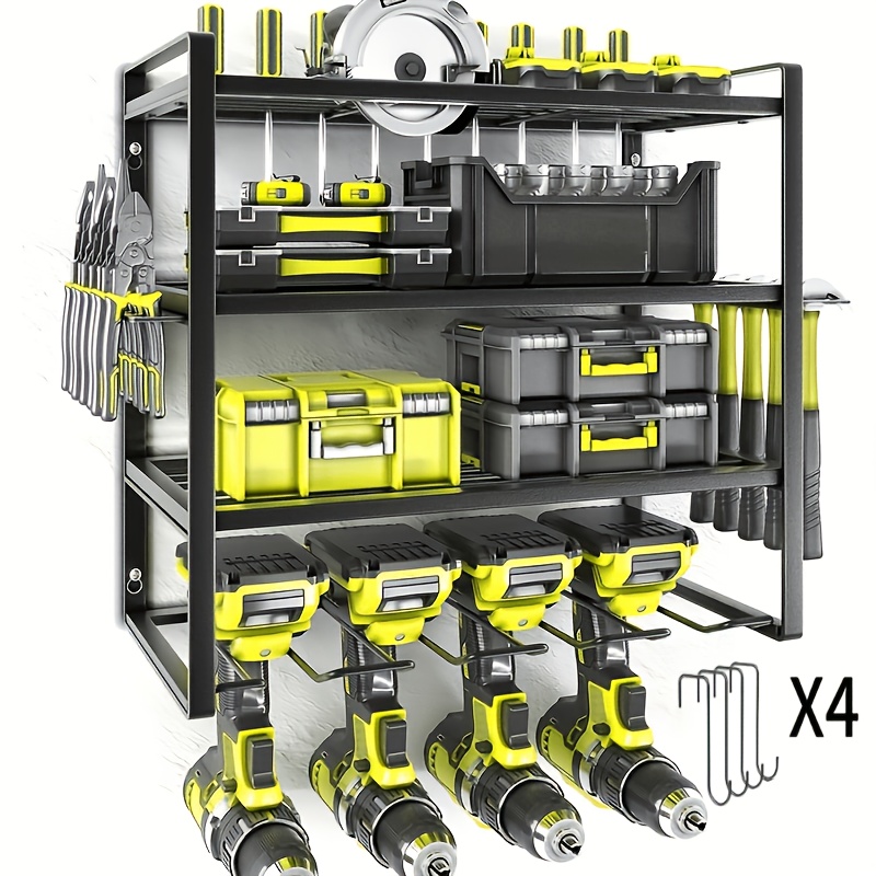 TEMU Electric Tool Organizer Wall-mounted, 4layers-8drill, -7drill, 4layers-4drill, 2layers-4drill Heavy-duty Storage Rack, For Garage Organization,
