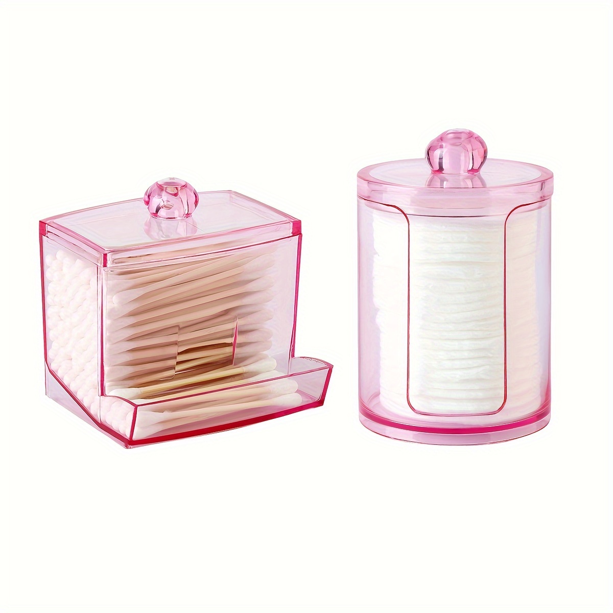 

2pcs Pink Qtip Holder With - Clear Bathroom Organizer For Balls & Swabs, 10oz & 7oz Storage Jars, Canisters