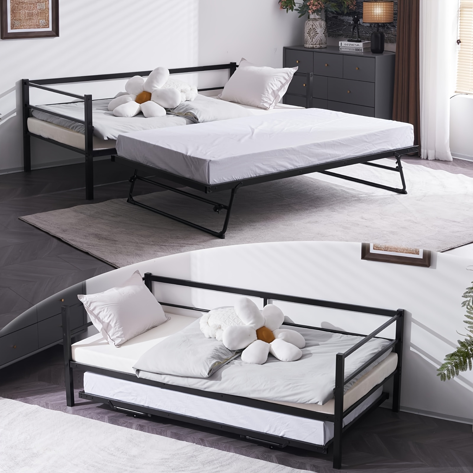 TEMU Bonnlo Heavy Duty Twin Bed With Pop Up Trundle, Metal Twin Daybed Spring Needed, Not Included Mattress