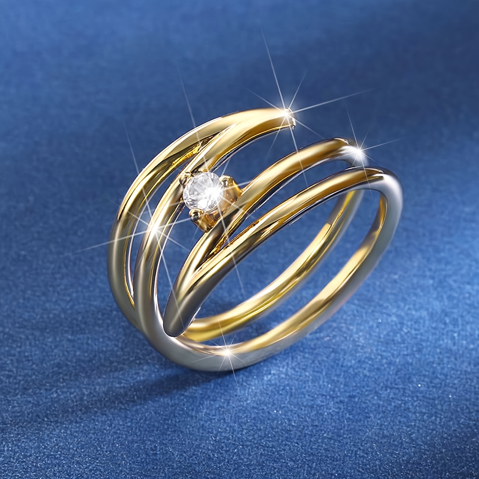Women's Multi-Layer Hollow-Out Wedding Ring, Tri-Prong Synthetic Zirconia