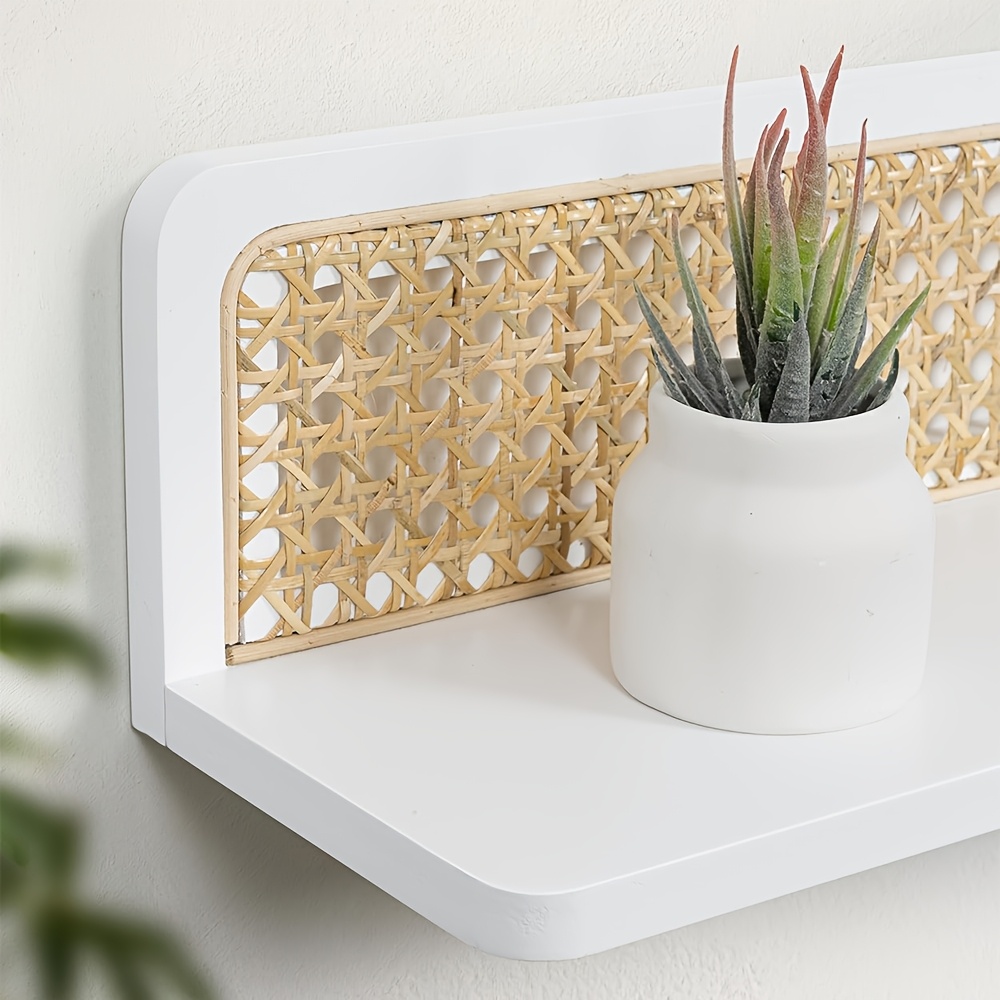1pc Bohemian Style Rattan Woven Wall Shelf, Living Room Wall-Mounted Storage Rack, Bedroom Living Room Plant Decorative Shelf, Floating Shelves
