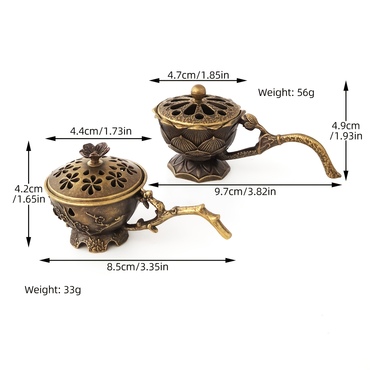 TEMU Ensemble de 2 porte-encens portables, style fleur de prunier et style lotus avec porte-encens en alliage avec poignée, mini brûleurs à petite
