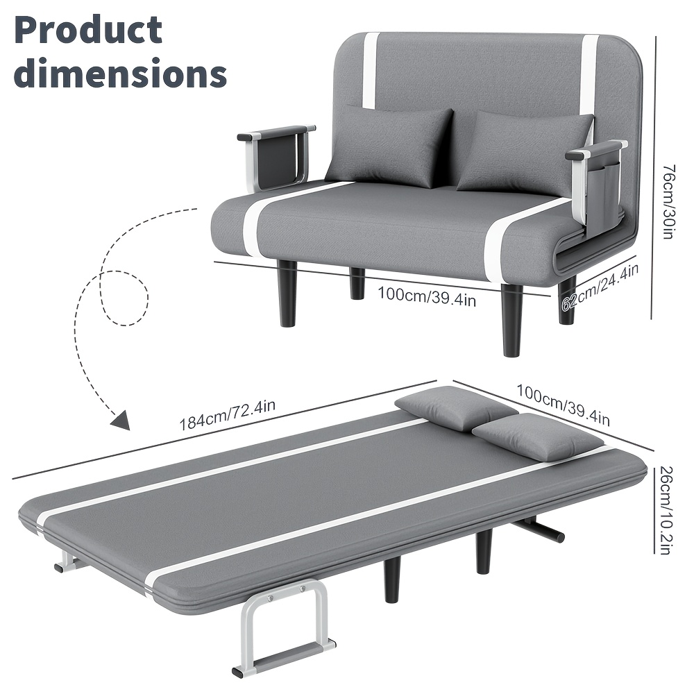 Image of 6 Position Adjustablesofa Bed Chair With 2 Pillows, Side Storage Pocket, Single Fabric Recliner Sleeper Couch With Armrest, Multifunctional Folding Guest Room, Bedroom And Small Apartment