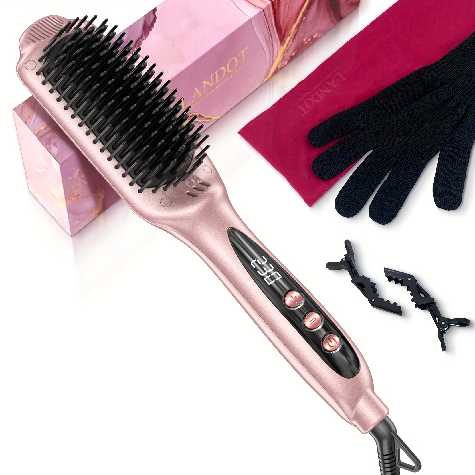 

Landot Hair Straightener Brush - Upgraded Ceramic Coating With Accents, 12 (250-), Dual Voltage (-240v) | Heat Styler For Women | Flat Iron Comb For Thick & Curly Hair | Includes Hair Clips & Gloves