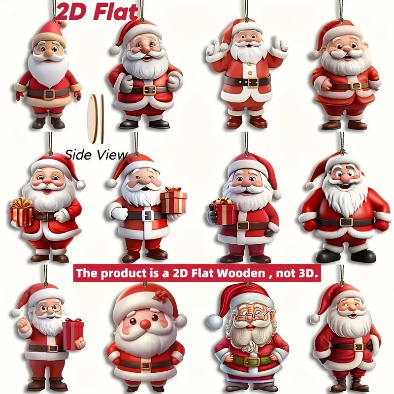 2d Flat, 2d Flat 12pcs Santa Claus Wooden Hanging Ornaments Set - Perfect For Christmas Tree And Decoration Hanging Accessories, 2d Flat