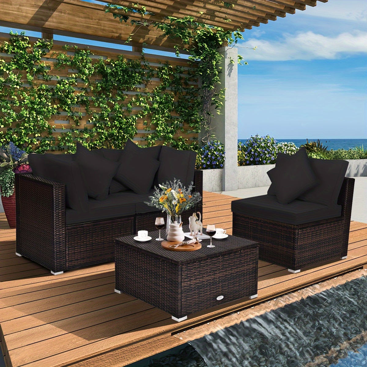 Costway 4 pcs outdoor patio rattan wicker furniture set table sofa cushioned deck black hotsell