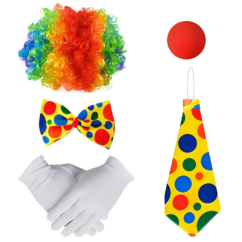 TEMU Ensemble de 5 pièces de costume de clown, comprenant un nez de clown, une perruque, un nœud papillon papillon et des gants blancs. Convient pour