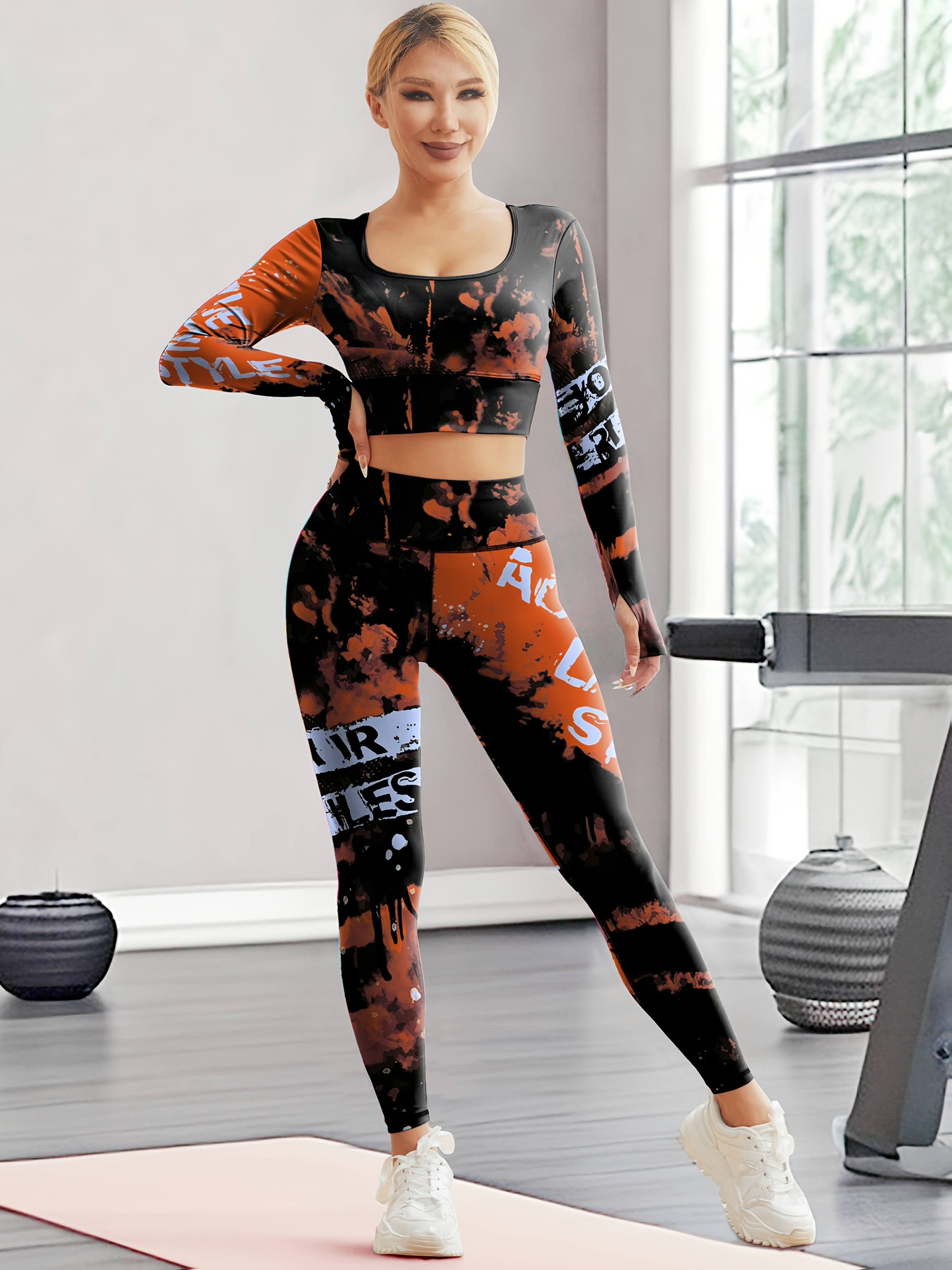 Women'S 2pcs Long Sleeve Sportswear Set, Fashion Graffiti Letter Print  Polyester Spandex, High Athletic Top and High-Waisted Leggi