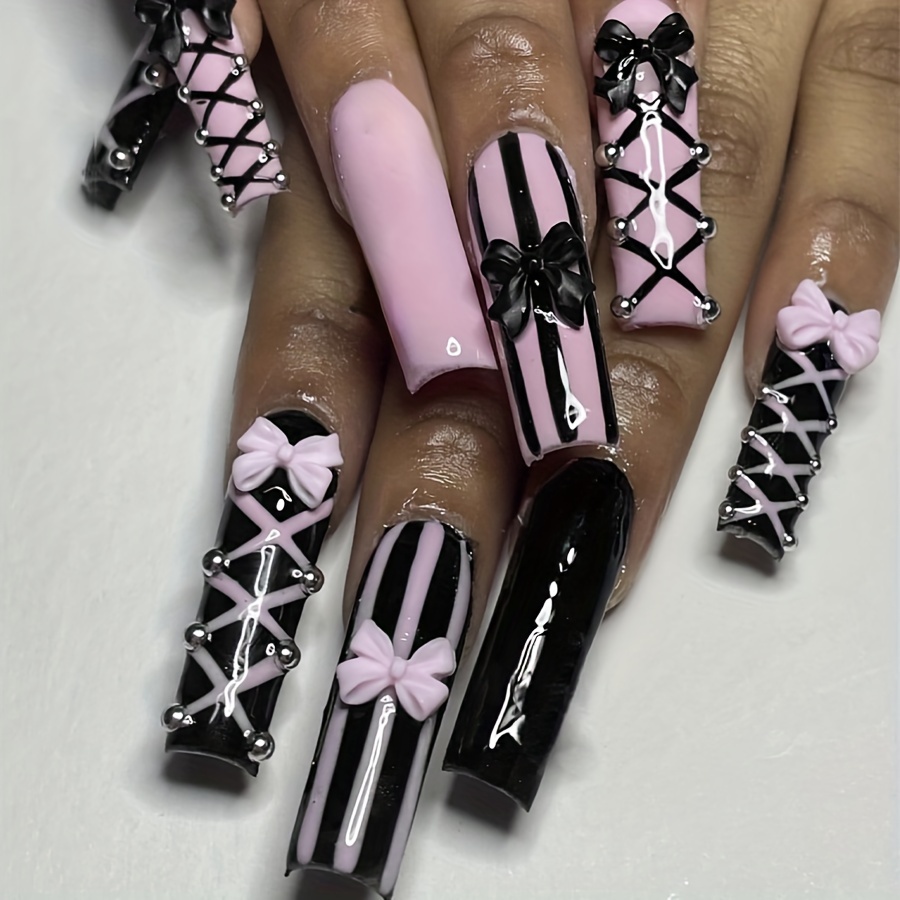

24pcs Long Square Press-on Nails - Black & Pink Gothic Sweet With Stripes, Checks & 3d Bows, Glossy Finish, Y2k Holiday Pop Design With Silver Bead Accents, Gift For Women & Girls