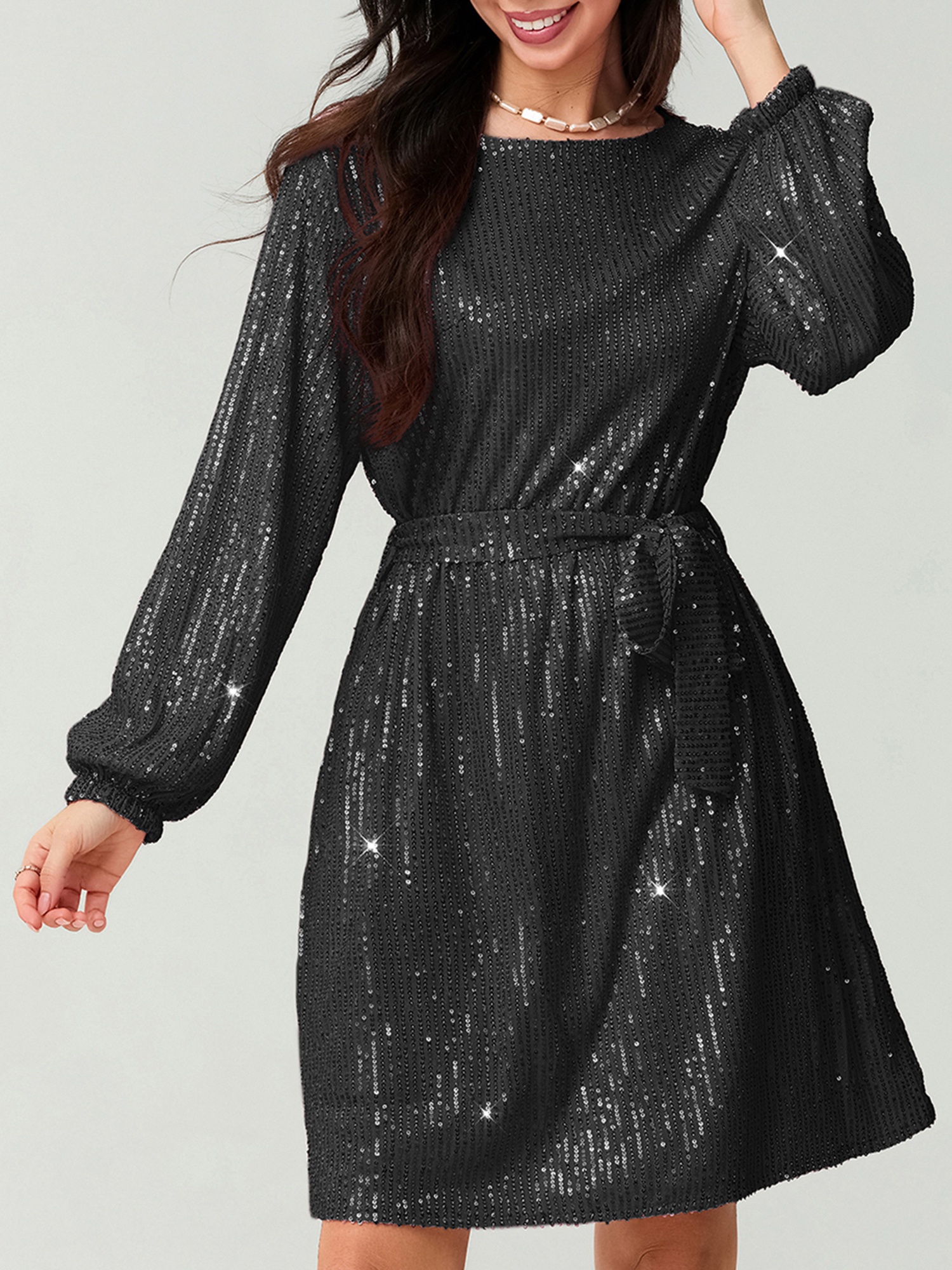 elegant rose golden sequin mini dress women long sleeve crew - Temu