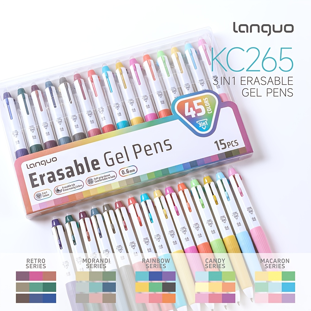 TEMU Ensemble de 15 stylos gel effaçables 45 couleurs 0,6 mm 3-en-1 Stylos de couleur Création de dessin Écriture Journalisation Stylos pour les et