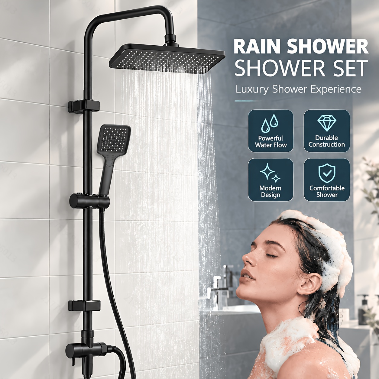 TEMU Ensemble Douche à Pluie Double Système avec Douchette à Main et Tête de Douche Fixe - Système de Pluie Haute Pression en Acier Inoxydable Mural