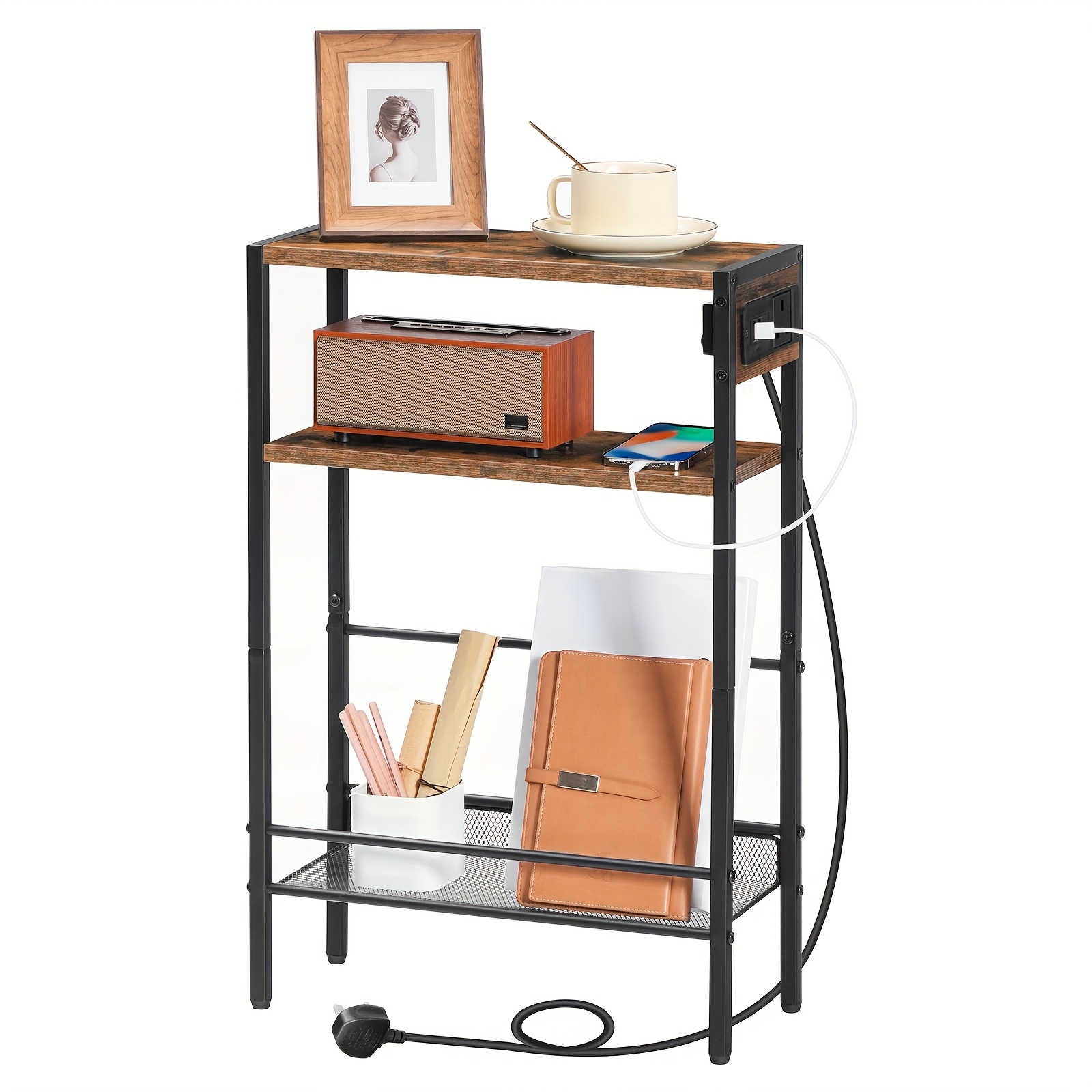Slim Side Table with Charging Station, Narrow End Table for Small Spaces