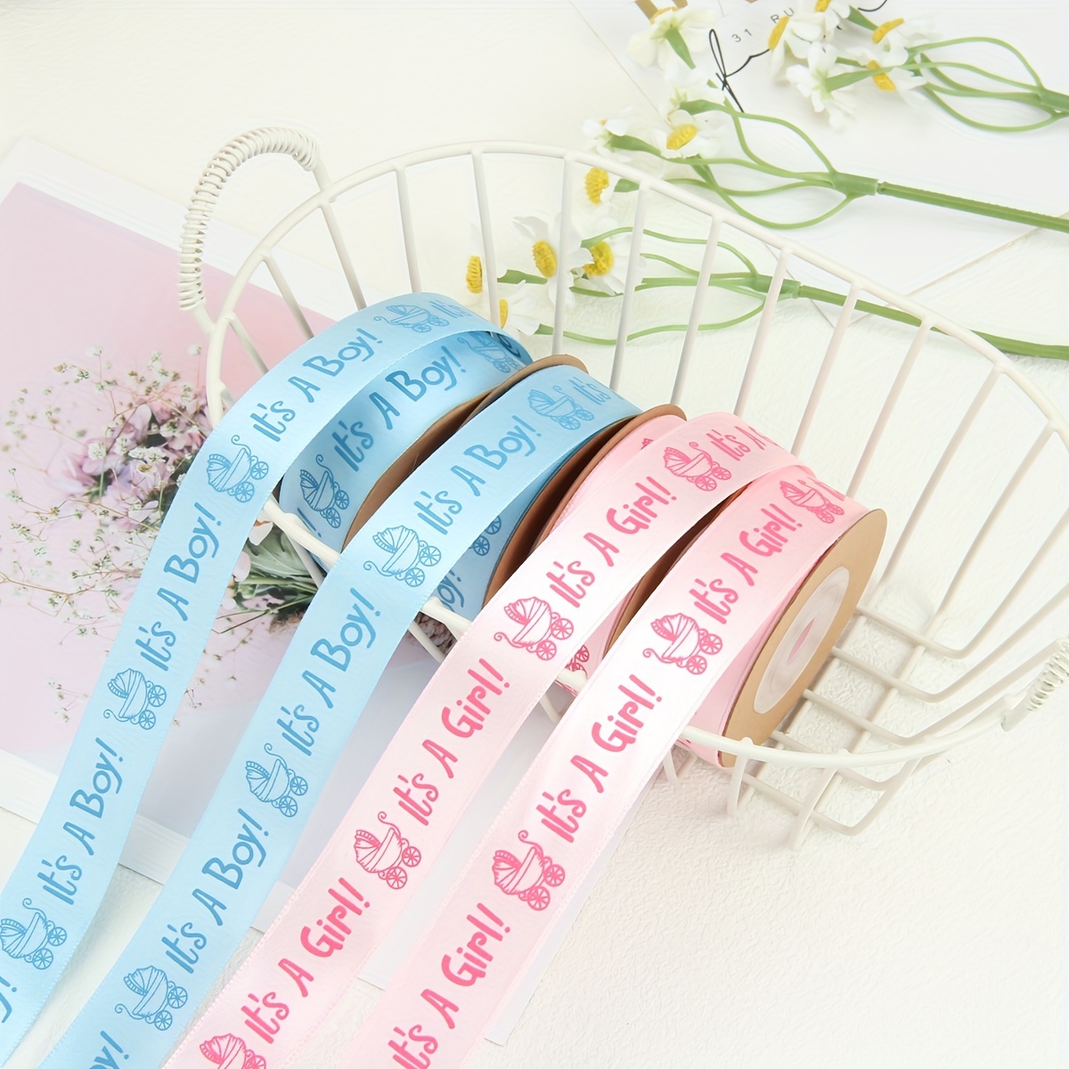 

1pc Pink & Blue Ribbon For Gift Wrapping - Perfect For Birthday Cake Packaging, Holiday Crafts & Handmade Bows