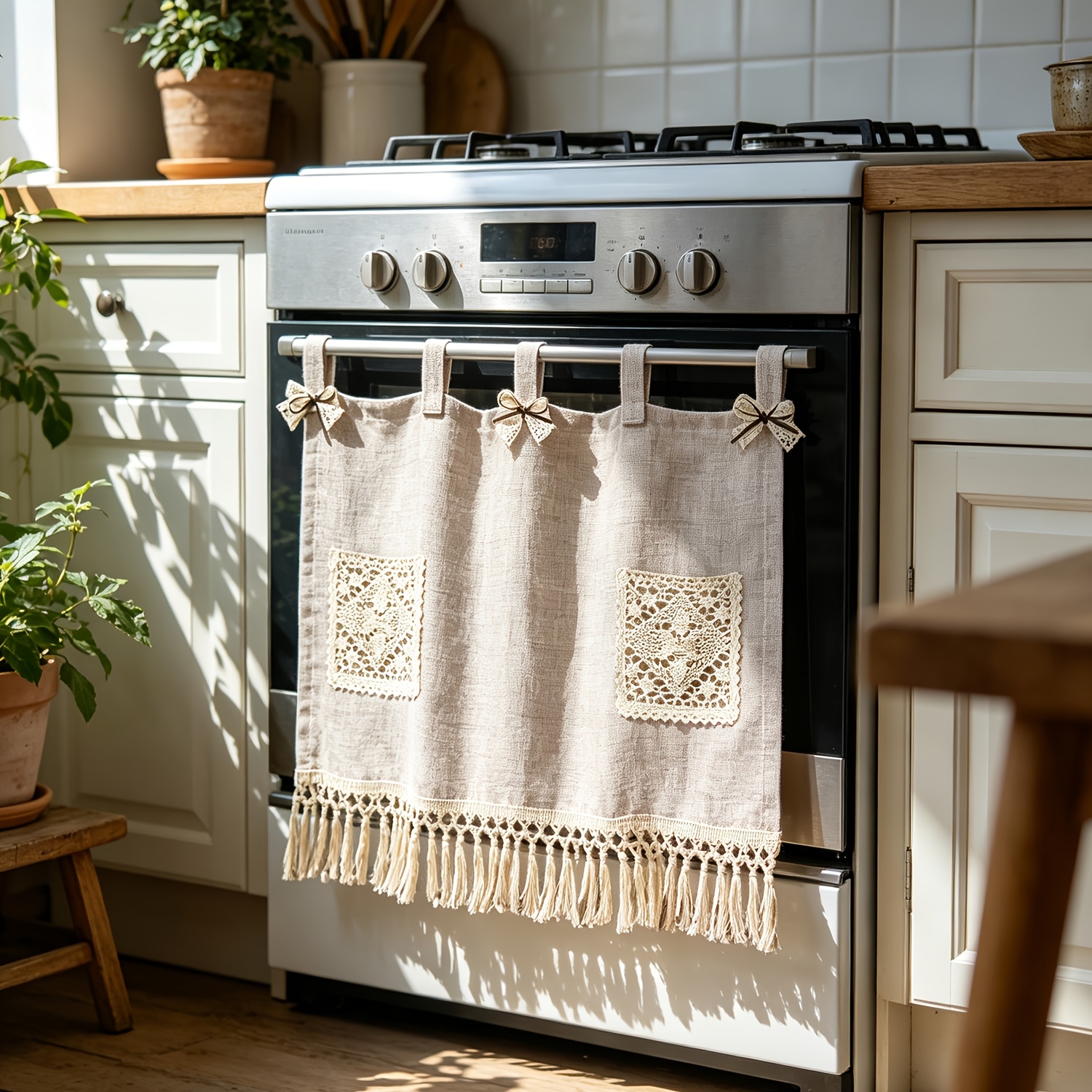 TEMU 1 Panneau de Rideau Bohème KMSG pour Cuisine et Fenêtre - Cache-fenêtre Vintage Bohème pour Demi-fenêtre avec Poche de Rangement Crochetée et
