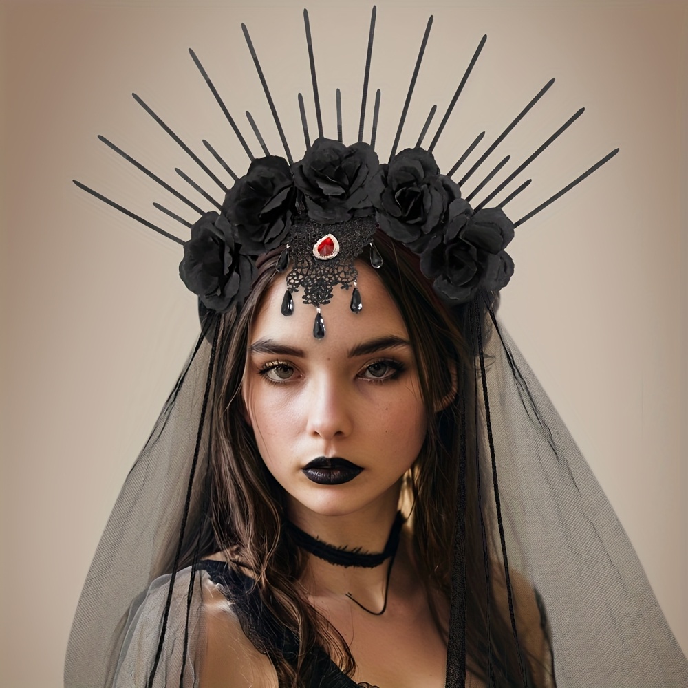 elegant gothic black rose beaded lace headband bohemian - Temu display picture 3