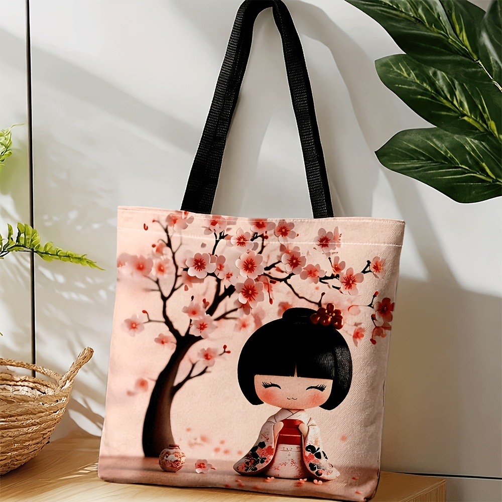 TEMU Borsa a tracolla e borsetta da e da donna, borsa tote unisex con stampa giapponese di bambola in kimono Sakura per il tragitto giornaliero, il