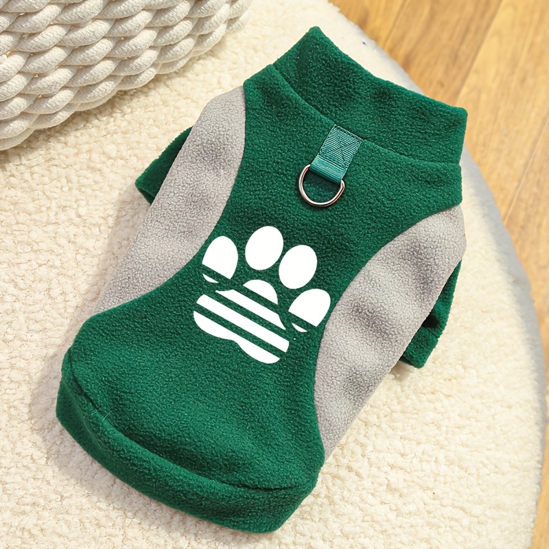 TEMU Cute Paw Print Dog Fleece Sweatshirt, Warm Pet Clothes With Leash Ring, Cozy Winter Pullover For Small Dogs And Cats